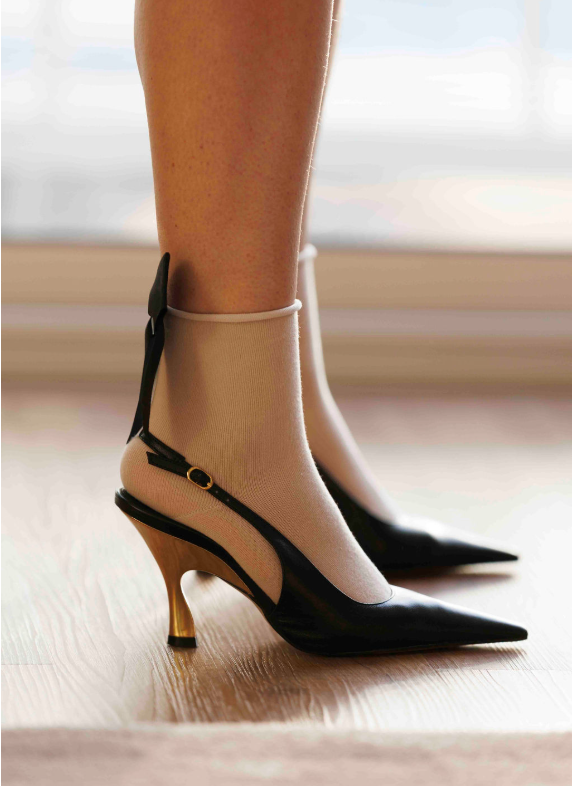 Meias Laço Velado  - Bege com Laço Preto