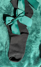 Meias Laço Velado  - Pretas com Laço Verde Escuro
