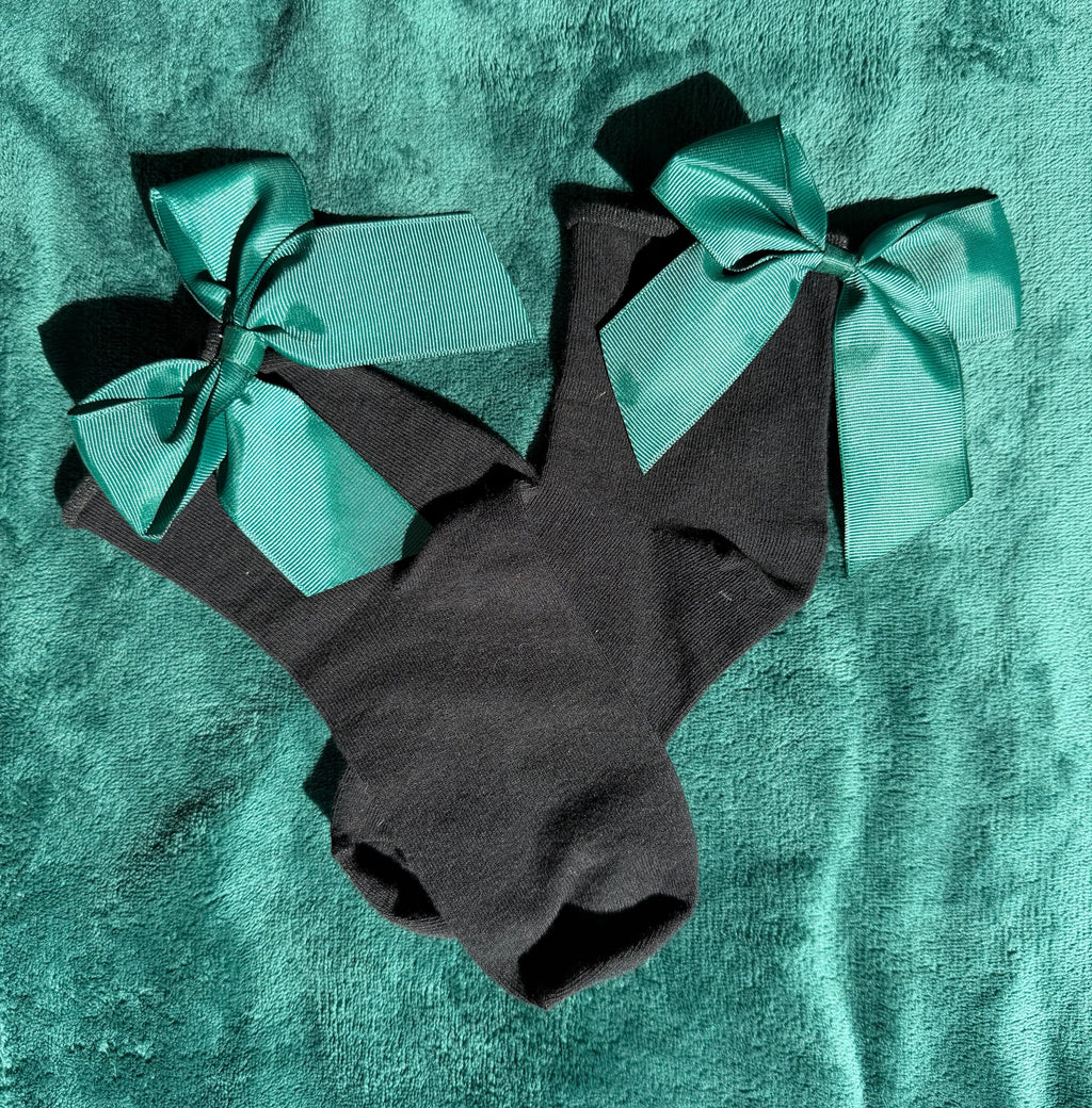 Meias Laço Velado  - Pretas com Laço Verde Escuro