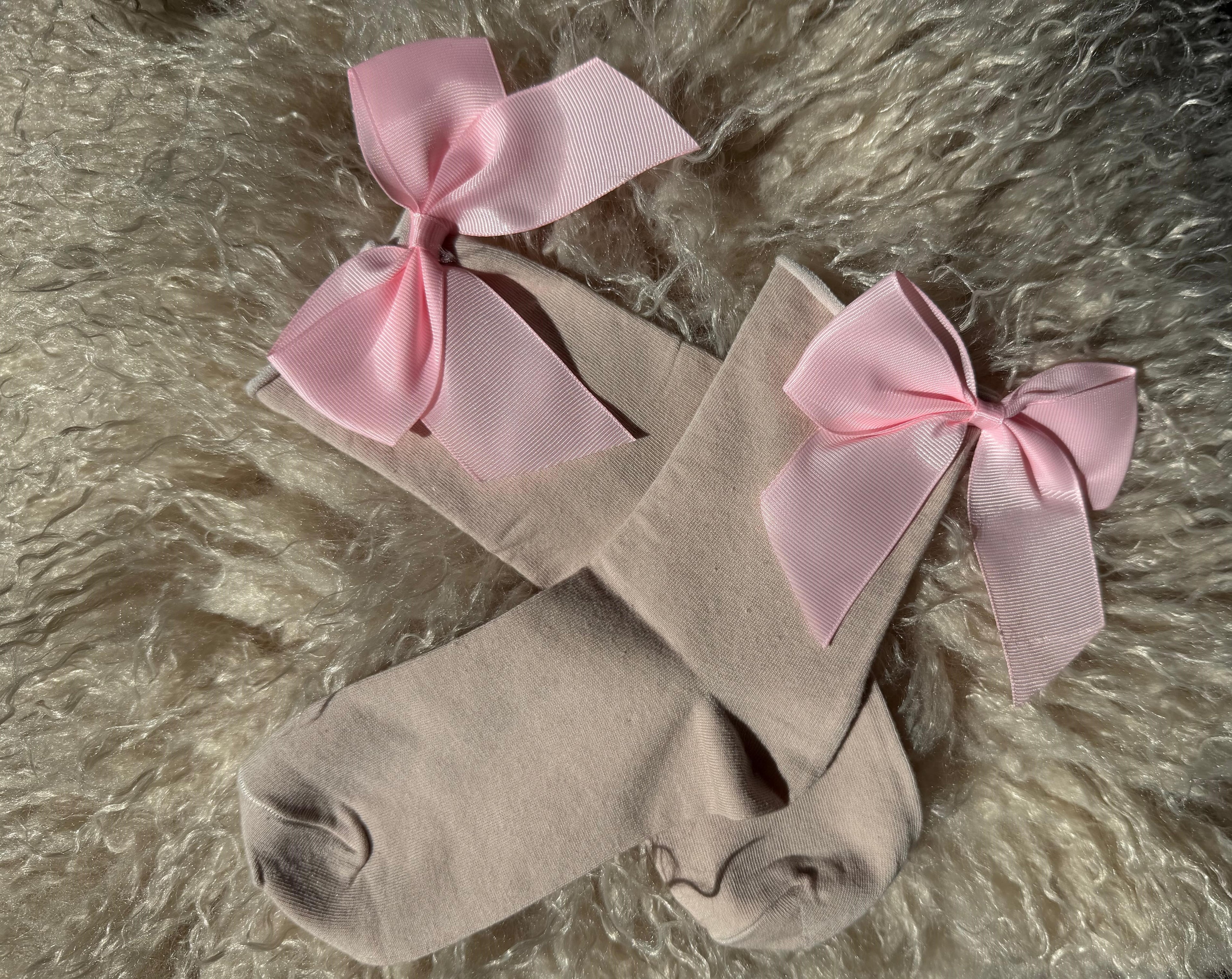 Meias Laço Velado  - Bege com Laço Rosa