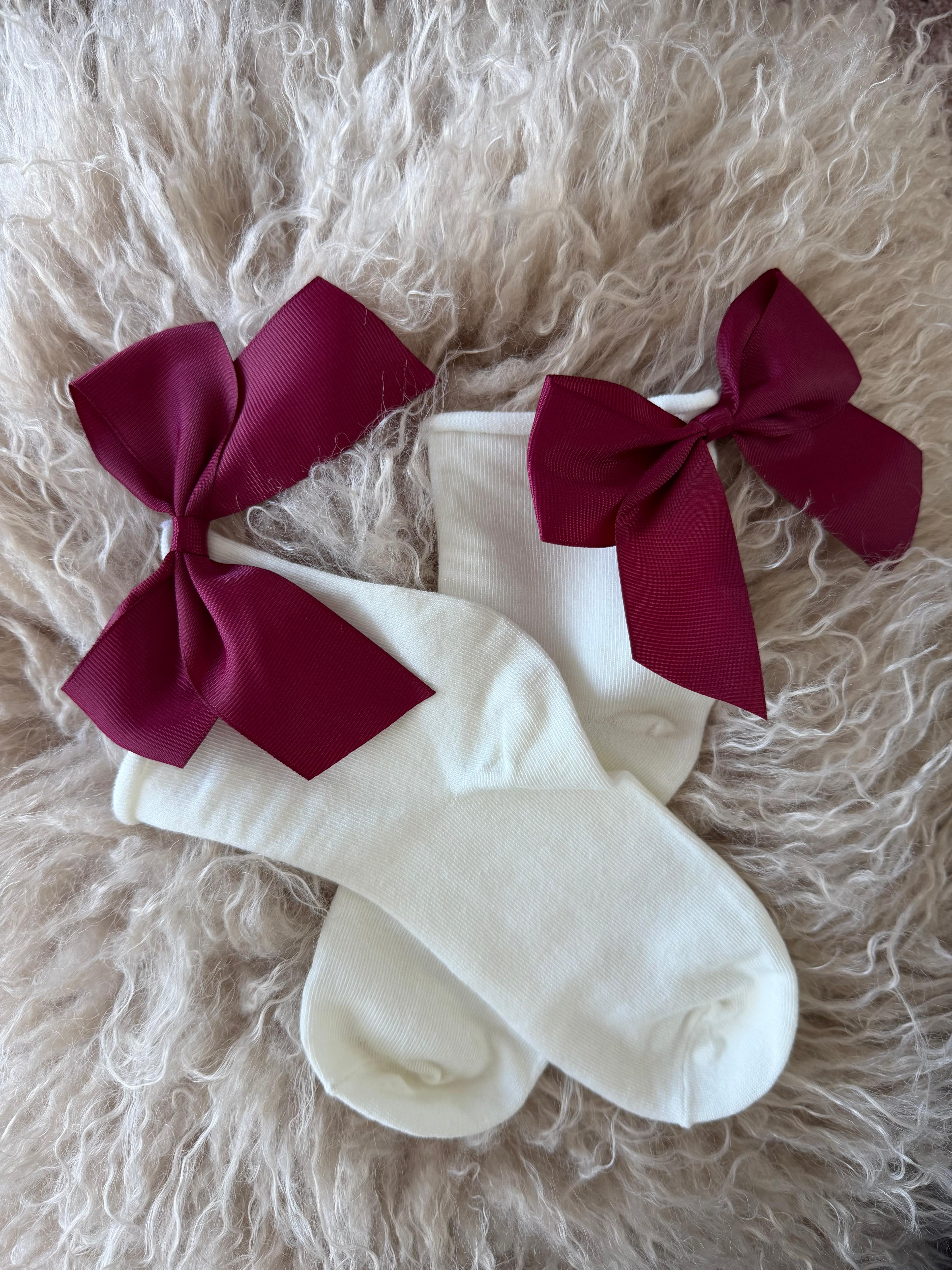 Meias Laço Velado  - Brancas com Laço Bordeaux
